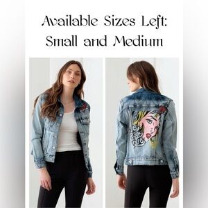 Face Graffiti Print Acid Wash Denim Jacket-NWT